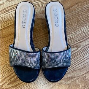 Glamorous Black and Silver Slide Sandals with Rhinestone Strap